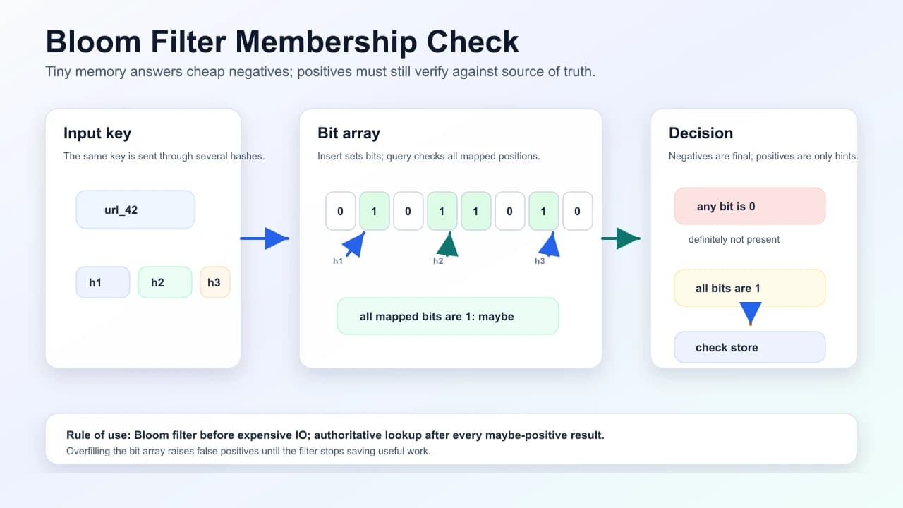 Bloom filter membership check showing hash functions setting bits, definite negative answers, maybe positive verification, and false positive risk.