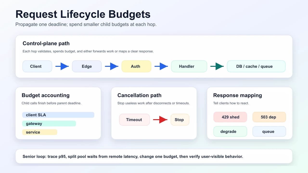 Backend request lifecycle showing client, edge, auth, handler, dependencies, deadline budgets, cancellation, response mapping, and verification loop.