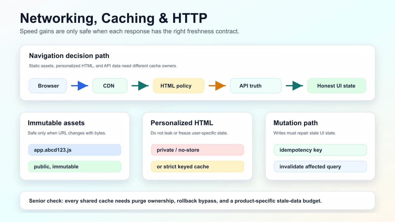Frontend networking and HTTP caching diagram showing browser, CDN, HTML cache policy, API freshness contracts, immutable assets, personalized HTML, mutation invalidation, and stale-data budget.