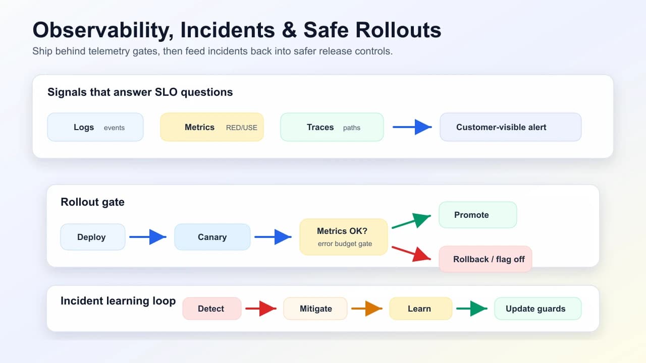 Observability and safe rollout loop showing logs, metrics, traces, customer-visible alerts, canary metric gates, rollback or promotion, incident mitigation, learning, and guardrail updates.