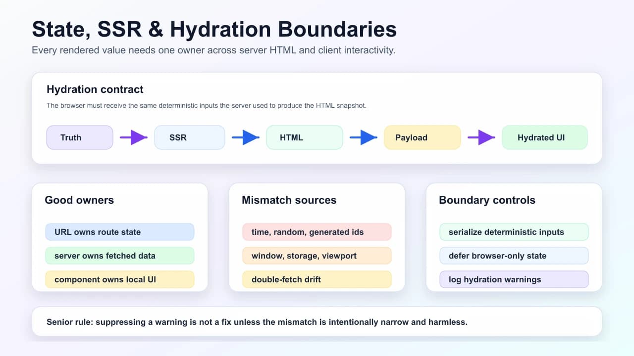 State, SSR, and hydration boundary diagram showing source of truth, server render, HTML snapshot, serialized payload, hydrated UI, mismatch sources, and boundary controls.