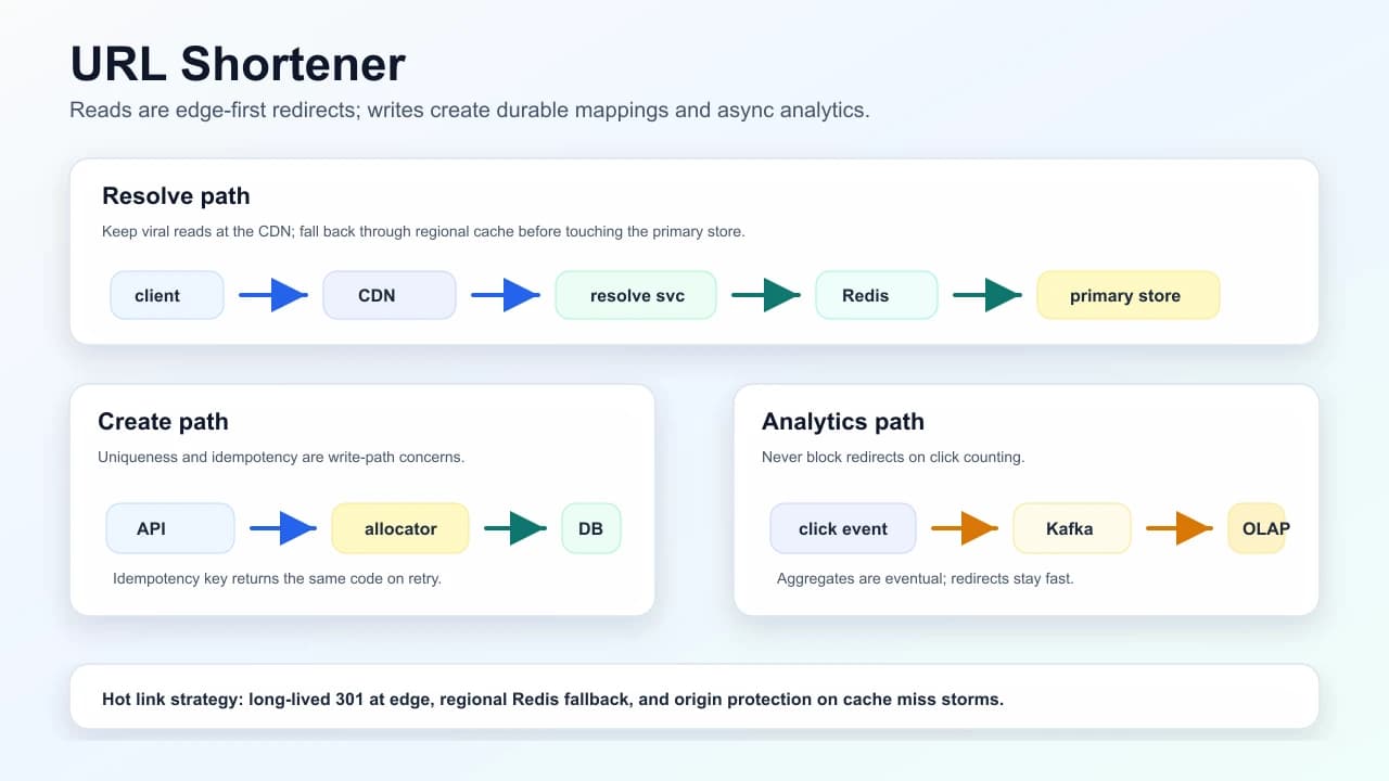 URL shortener edge resolve path showing CDN cache hits, regional API, Redis lookup, primary store fallback, and analytics stream.